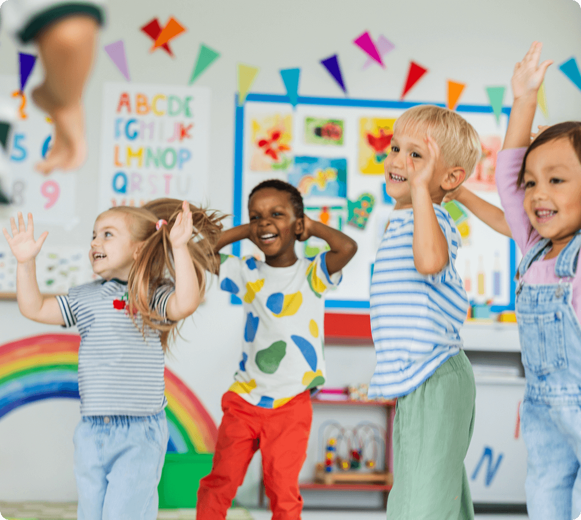 Children playing in a colorful classroom