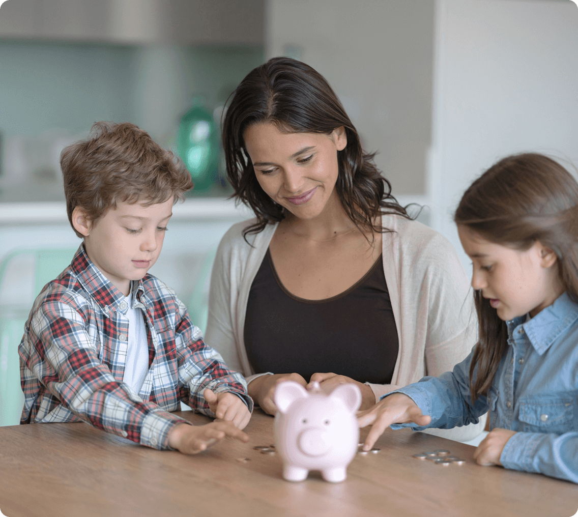 Mother and kids counting coins together