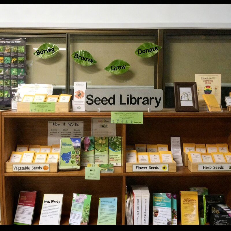 A seed library display with various seed packets and informational materials on wooden shelves.
