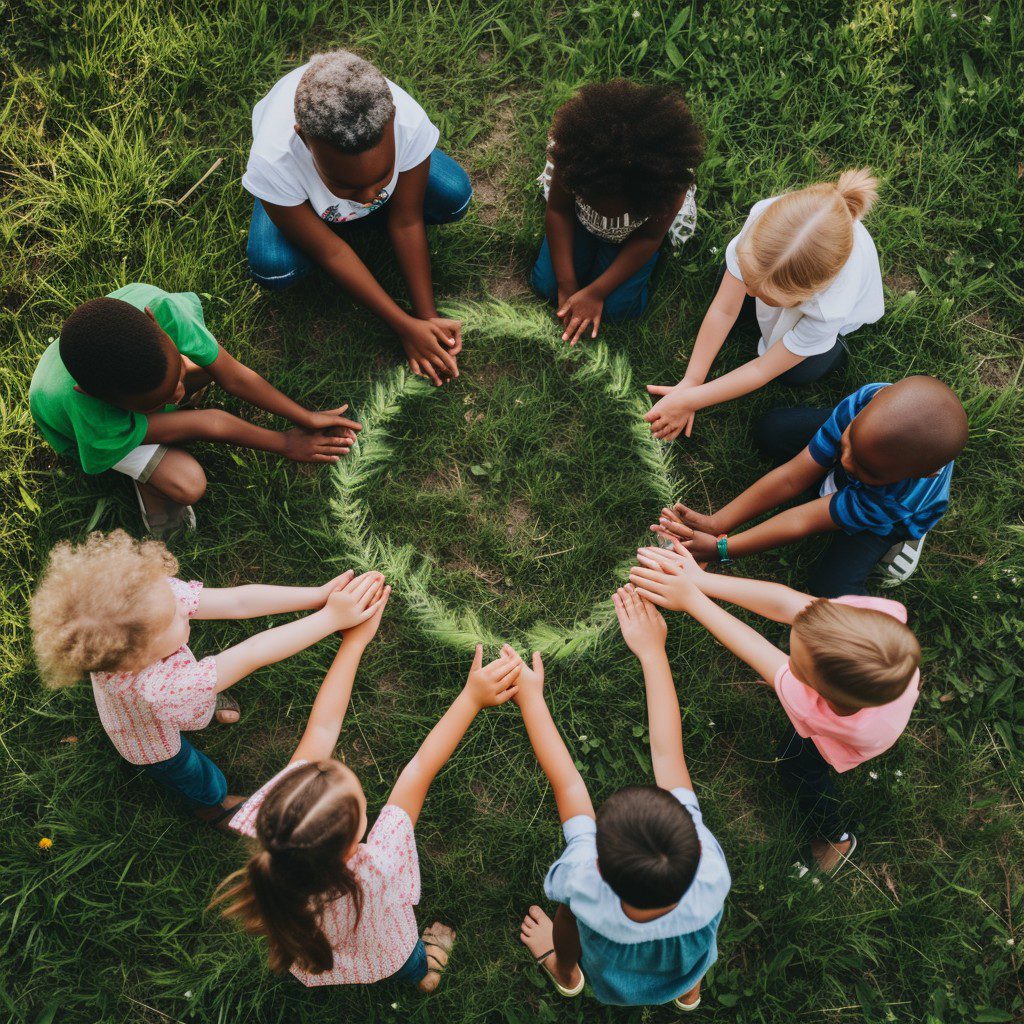 A diverse group holding hands in a circle on grass.