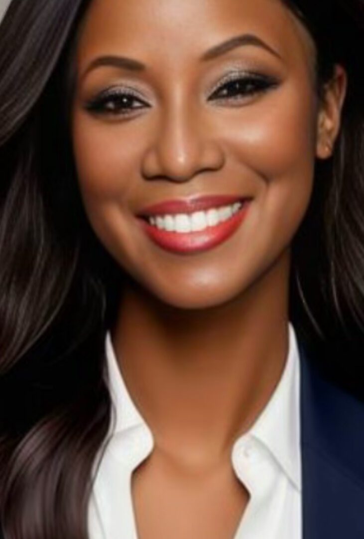 Close-up of a smiling woman with makeup and dark hair.